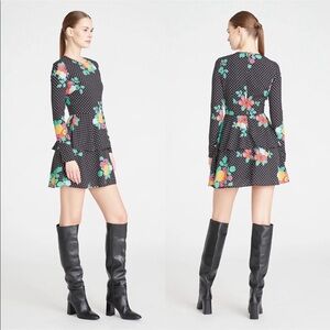 AMUR Dalilah Tier Dress Polka Dot Floral Long Sleeve Mini Dress Size 0